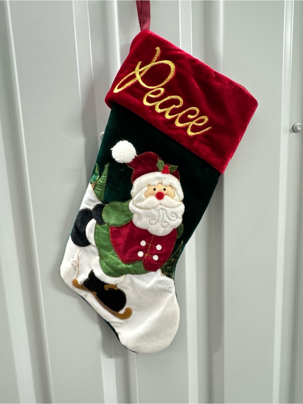 Vintage Ice Skating Santa Christmas Stocking Peace Red White Green